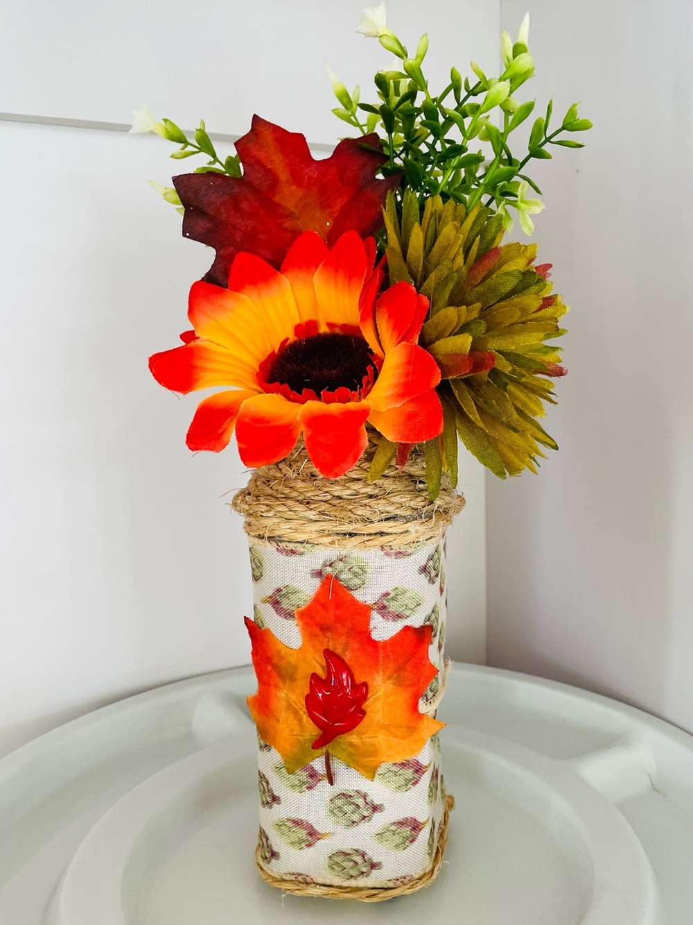Autumn Harvest Orange & Green Floral Vase Accent -handcrafted